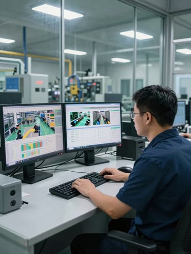 Wide environmental shot of a manufacturing control room, a plant operator reviewing live production dashboards on dual monitors, factory floor visible through the glass behind him, overhead industrial lighting casting sharp shadows, no posed expressions, hands on keyboard mid-entry