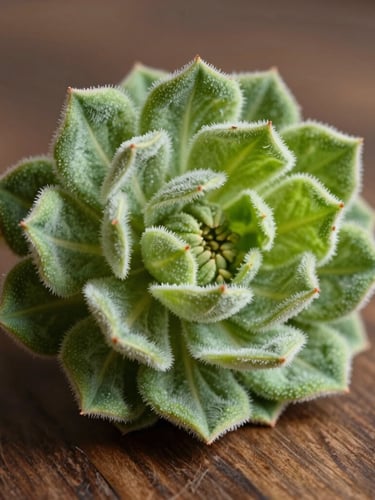 Close-up detail of rich, trichome-heavy green flower resting on a dark walnut wood surface, soft natural afternoon light.