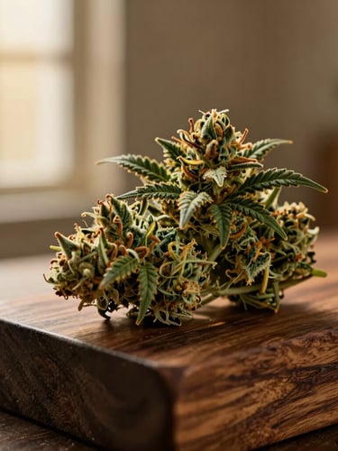 Close-up of a premium, rich green cannabis bud resting on a dark walnut wood block, soft directional afternoon light from a side window, warm gold tones, elegant editorial style.