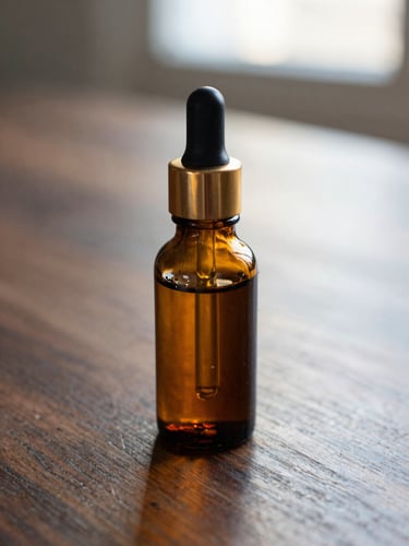 A close-up portrait of an amber glass tincture bottle with a brass dropper resting on a dark walnut surface, soft directional afternoon light.