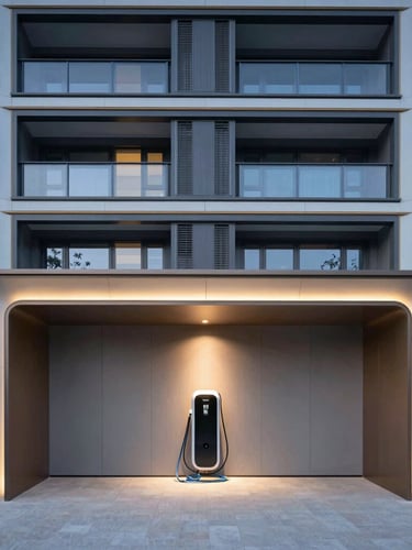 Straight-on architectural shot of a modern luxury condominium facade at dusk, clean lines, subtle technical lighting, dedicated EV charging bay visible with neat cable trays.