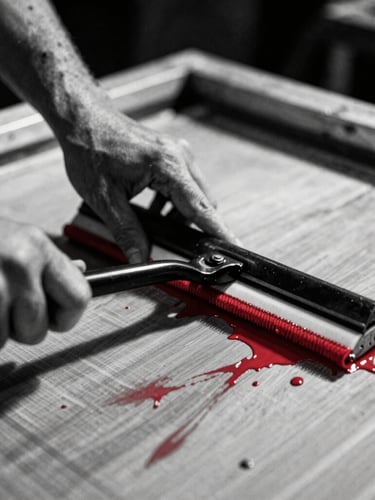 Extreme close-up of hands pulling a squeegee with thick red ink across a silkscreen mesh, paint splatters, high contrast, dramatic lighting