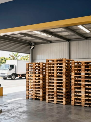 Wide shot of a modern, well-organized warehouse interior in Santo Domingo, pallets stacked high, a clean delivery truck visible through a loading bay, bright natural daylight, architectural framing, clean navy and gold accents.