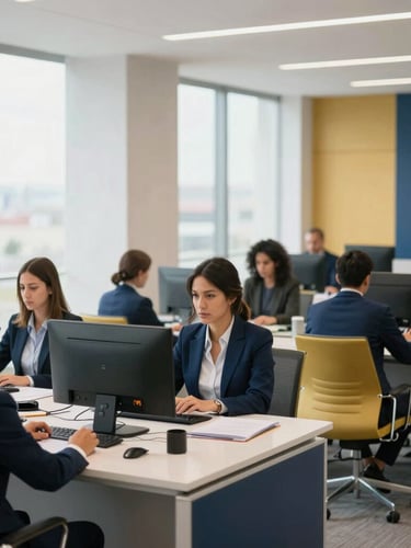 Profesionales colaborando en una oficina moderna y luminosa en Santo Domingo, con acentos corporativos de azul y dorado, luz natural, encuadre arquitectónico.