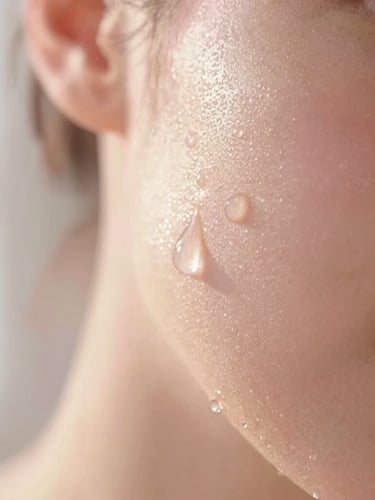 Dewy skin texture close-up, soft morning sunlight illuminating natural pores and a single water droplet, pastel pink undertones.
