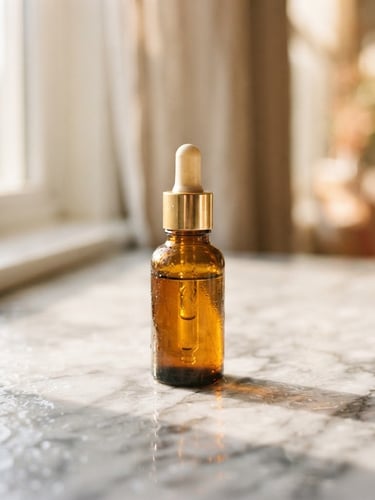 Close-up of a minimalist glass dropper bottle resting on a wet marble surface, soft morning window light creating gentle shadows, warm gold tones.