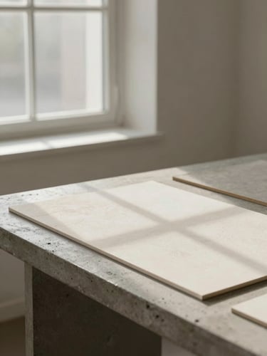 Architectural crop of a minimalist design studio interior, soft north-facing window light casting gentle shadows on a concrete desk with textured paper samples, muted slate and cream tones, 35mm lens.