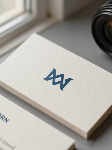 Close-up of high-end business card mockups on textured cream paper stock, soft directional window light, slate blue ink details, minimalist editorial photography, 35mm lens.