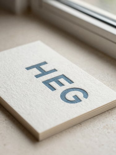 Macro photograph of heavy textured cotton business cards with deeply debossed slate blue typography, resting on a warm cream stone surface under soft, angled window light.