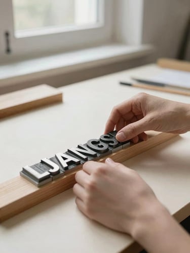 Hands of a designer arranging letterpress metal type blocks on a wooden composing stick in a sunlit Layton studio, soft side lighting, tactile craft focus.