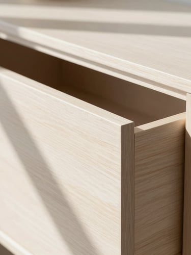Close-up architectural shot of cabinet dovetail drawer joinery, solid wood grain detail, soft morning window light, high-contrast shadows