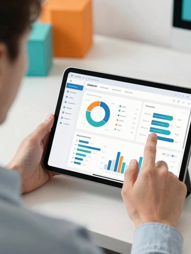Dynamic over-the-shoulder shot of a professional analyzing clean analytics dashboards on a tablet, bright natural studio light with vibrant orange and teal accents, shallow depth of field.