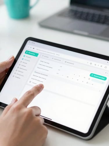 Close-up of hands interacting with a clean software dashboard on a tablet in a bright collaborative workspace, natural light, teal accents