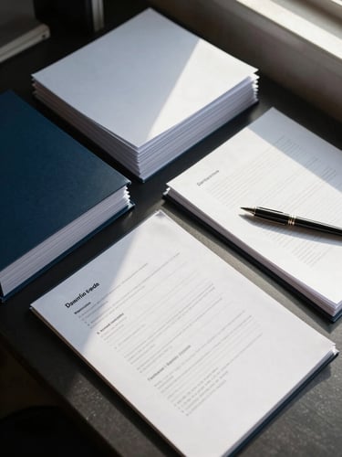 Close overhead shot of a tidy desk surface with neatly arranged document folders, a pen resting on an open file, and printed forms organized in labeled dividers, natural window light casting soft shadows across the papers