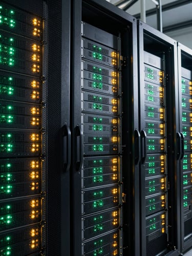 Wide-angle view of an industrial server rack with active green and amber indicator lights, cool-toned high-contrast directional lighting