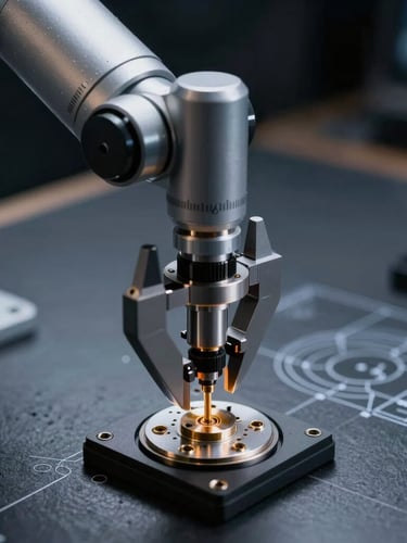 Macro close-up of a high-precision robotic arm calibrating physical sensors, sharp cool-toned directional light, dark slate background, technical schematic feel.