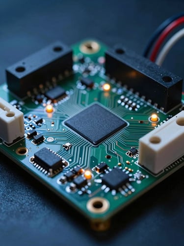 Macro close-up of a high-performance microcontroller board with exposed circuitry, glowing status LEDs, and connected wiring, high-contrast directional blue key light, dark background.