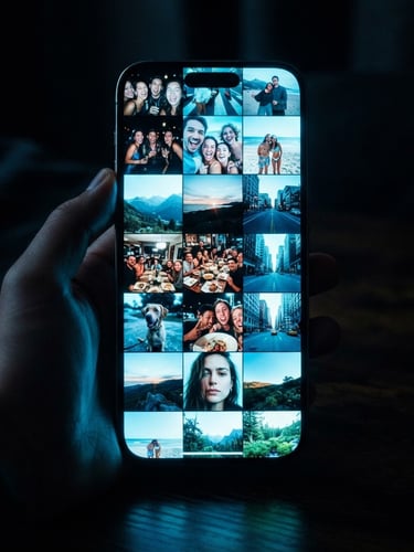 A sleek iPhone mockup displaying a vertical, continuous feed of personal photos. Glowing cyan screen light reflecting on dark, high-contrast background, 35mm photography.
