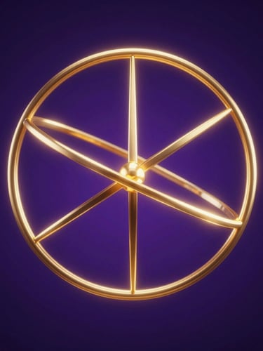 Mystical 3D render of glowing golden geometric lines forming a spherical astrolabe, deep indigo and royal purple background, dramatic chiaroscuro lighting, macro shot