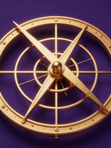 Macro 3D render of an intricate astronomical astrolabe, glowing gold geometric lines, deep purple shadows, high-contrast dramatic lighting, octane render.
