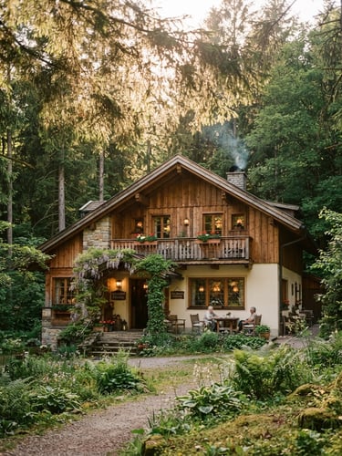 Cozy pension exterior in a lush green forest, warm dappled sunlight filtering through tall pine trees, 35mm film style