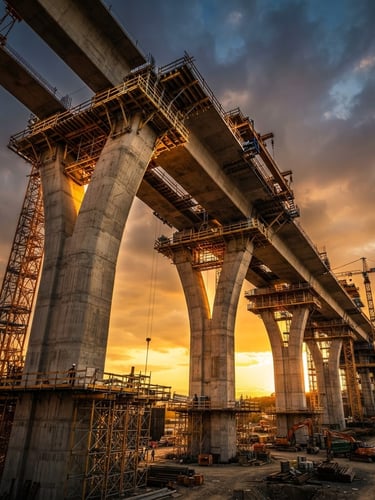 A dramatic low-angle shot of a massive concrete railway bridge under construction during golden hour, high-contrast architectural lighting casting deep saffron glows on structural columns, ultra-wide environmental perspective.