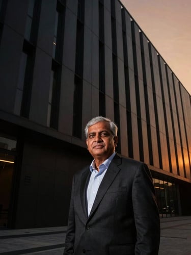 A professional portrait of a senior South Asian engineering executive in a modern architectural office, dramatic side-lighting, high-contrast black and saffron tones, sophisticated corporate atmosphere.
