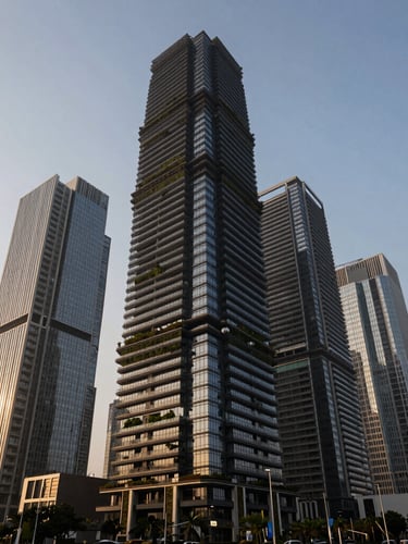 Low-angle architectural photograph of a futuristic smart city skyline in India, featuring modern glass structures integrated with green spaces, shot during the crisp morning daylight.