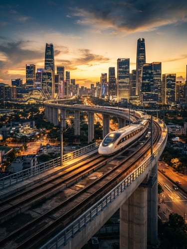 Dramatic ultra-wide low-angle shot of a modern high-speed rail viaduct curving into a smart city skyline at golden hour, sharp architectural lighting.