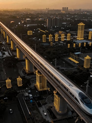 Aerial view of a modern high-speed rail bridge in India under construction, overlaid with golden wireframe point-cloud telemetry data, dramatic golden hour lighting, cinematic scale