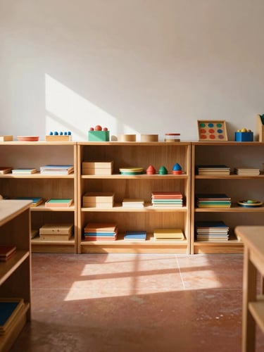 A sunlit, minimalist Montessori classroom in India with low wooden shelves, orderly developmental materials, and soft indirect daylight casting gentle shadows on the terracotta floor.