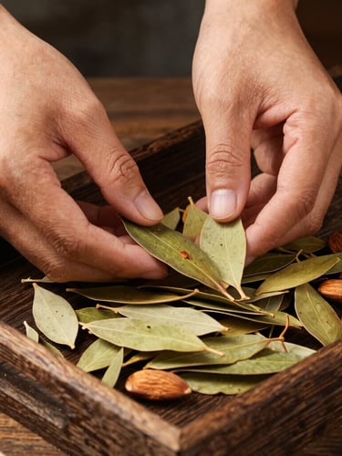 Close-up of hands gently sorting dried neem leaves and almonds on a rustic wooden tray, warm natural lighting, earthy textures.
