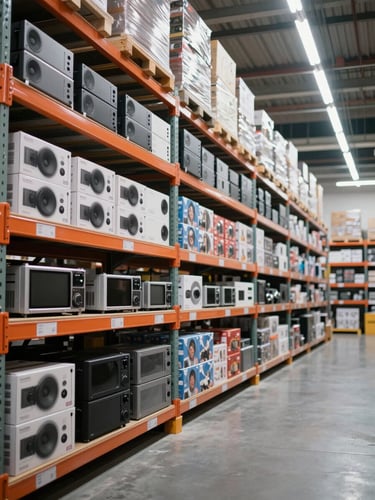 Wide-angle view of a clean warehouse aisle from the left, shelves stacked with boxed audio equipment and packaged gift sets in organized rows, neutral grey floor, bright overhead fluorescent lighting, sharp depth of field revealing volume and order