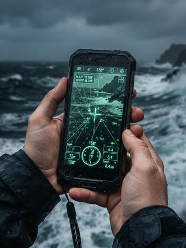 Macro studio shot of a rugged Android phone displaying a high-contrast marine telemetry interface with seafoam green coordinates, positioned against a dark, stormy ocean background with crashing waves.