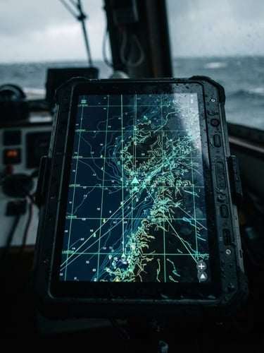 Macro shot of a rugged Android tablet screen displaying a high-contrast marine navigation map with seafoam green coordinate lines, glowing in a dark, overcast coastal environment, 35mm.