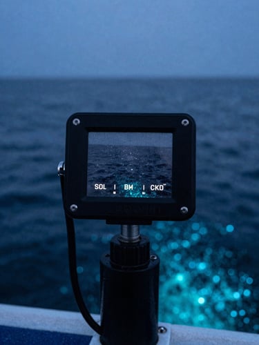 High-contrast close-up of marine navigation hardware on a boat deck at dusk, salt spray on the screen, faint bioluminescent glow from the ocean water below.