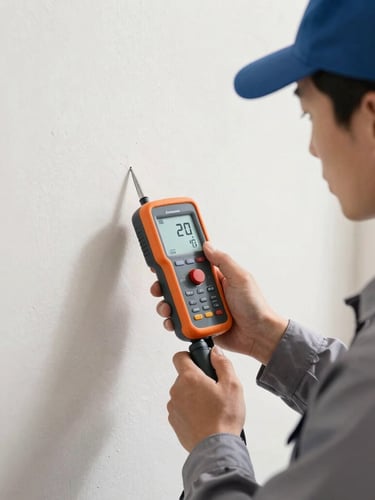 A certified technician in a clean uniform using a professional moisture meter against a drywall surface, bright work light, sharp focus.