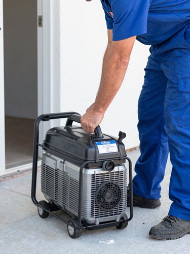 A professional water damage technician in a clean uniform operating a high-capacity extraction pump inside a Phoenix home, bright natural daylight, sharp focus.