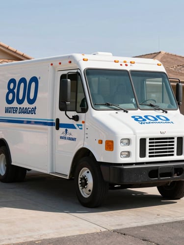 A clean, professional 1-800 Water Damage service truck parked in a bright Phoenix residential driveway, crisp daylight, sharp focus.