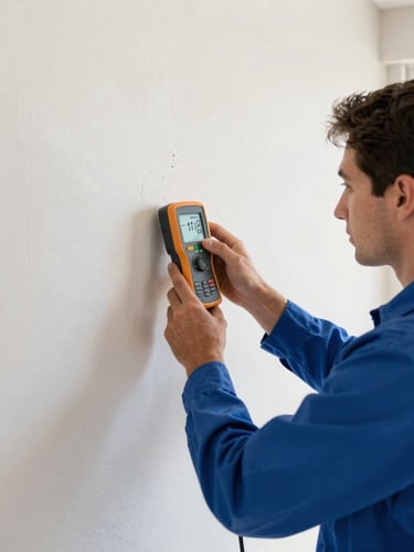 A professional water damage technician in a clean uniform using an advanced moisture meter on a drywall inside a Phoenix home, bright natural daylight, sharp focus, 35mm lens