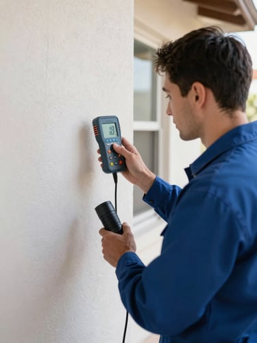 Technician in uniform monitoring a digital moisture meter against a drywall surface in a Phoenix home, bright crisp lighting, professional equipment
