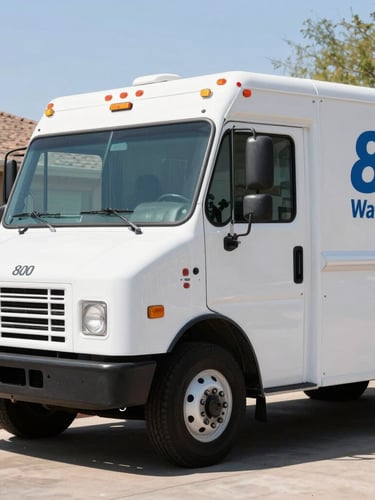 A clean, white 1-800 Water Damage service truck parked in a sunny Phoenix residential driveway, crisp daylight, sharp focus, 35mm lens.