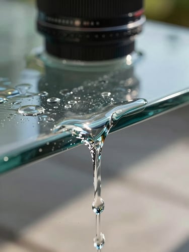 Macro photograph of water sheeting cleanly off a premium glass edge under high-contrast natural daylight, demonstrating the hydrophobic effect of professional protective film application.