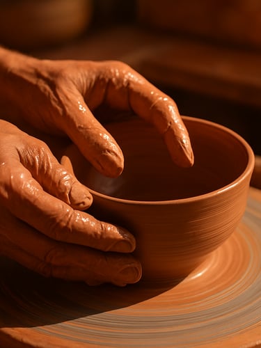Close-up of hands on a potter's wheel, shaping wet clay into a bowl, warm direct morning sunlight, tactile texture, portrait aspect