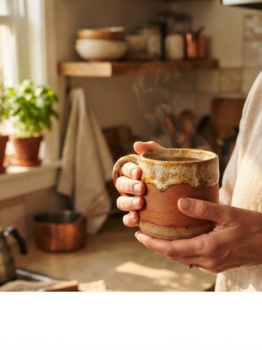 Warm editorial photo of a hand cradling a terracotta mug, showing tactile clay texture and rich glaze, under direct morning sunlight in a cozy kitchen setting, right-aligned in a wide frame.