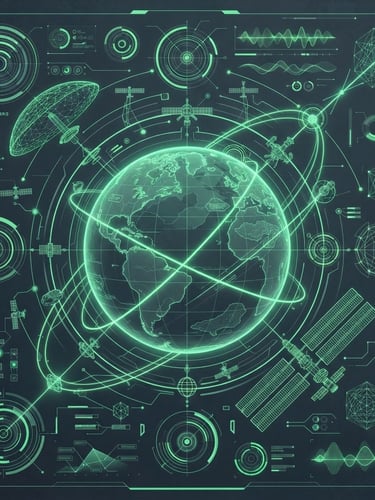 Stark vector illustration of a planetary-scale system blueprint, monochromatic slate and neon green, high-contrast terminal glow, orbital perspective, complex data models, dark background.