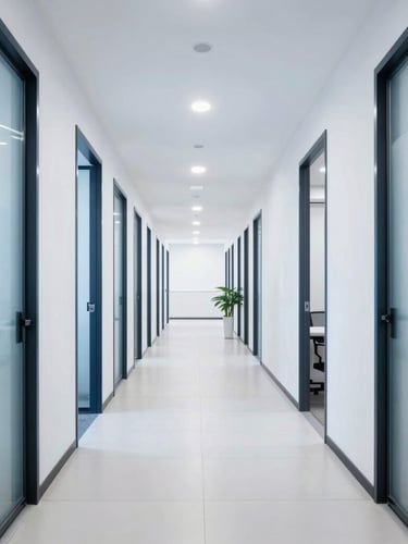 Bright commercial office corridor with clean lines and high-key lighting, sharp focus, professional interior.