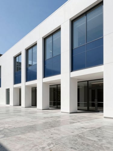 Bright daylight architectural photograph of a finished high-end Manhattan office lobby, polished concrete floors, clean white walls, navy blue accent panels, sharp focus.
