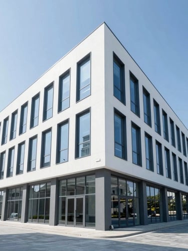 Crisp architectural photography of a modern commercial office build-out, clean blue and white tones, sharp focus, wide-angle lens