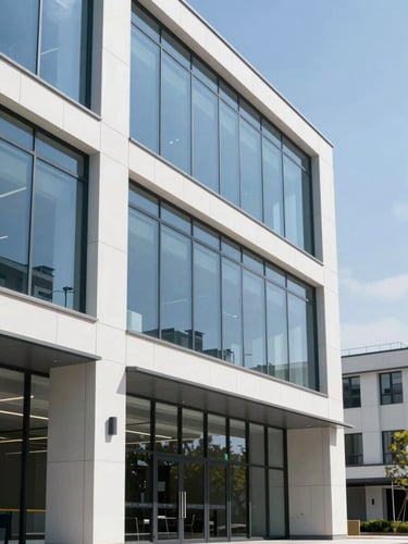 Crisp architectural photography of a modern commercial building exterior with clean glass and steel paneling under bright daylight